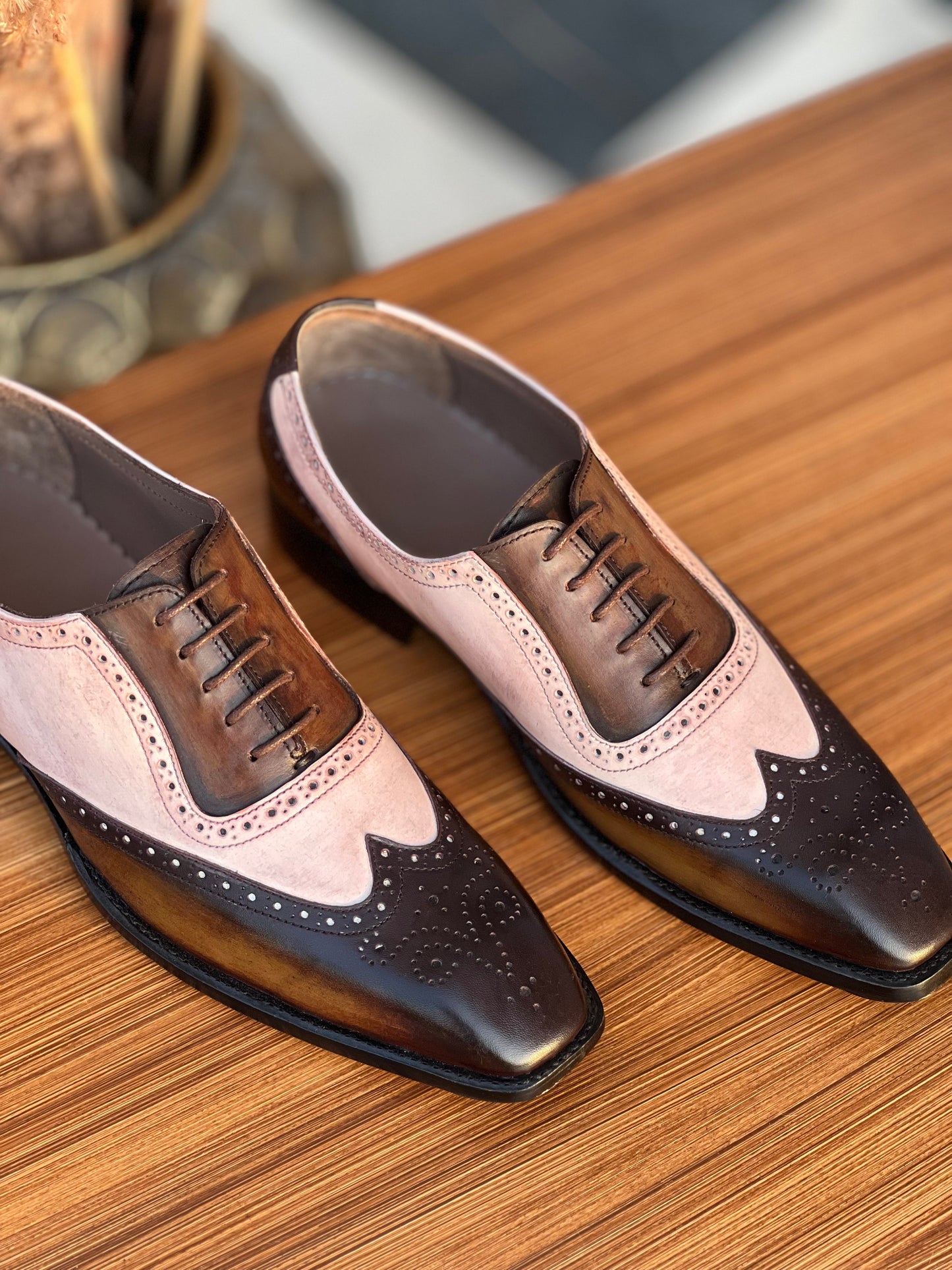 Top View of Oxford Wingtip Spectators Patina Detailing