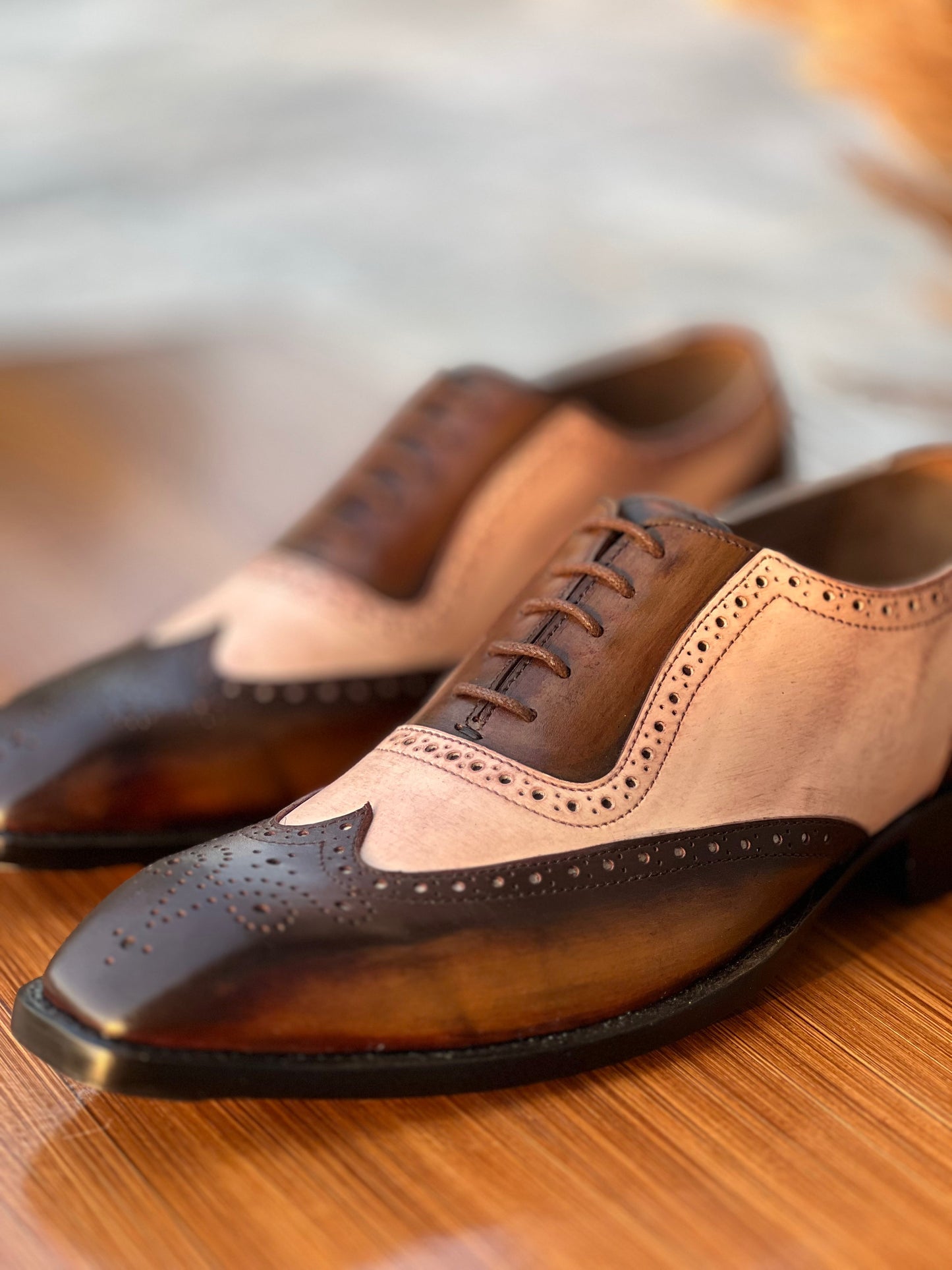 Side View of Oxford Wingtip Spectators Patina Detailing