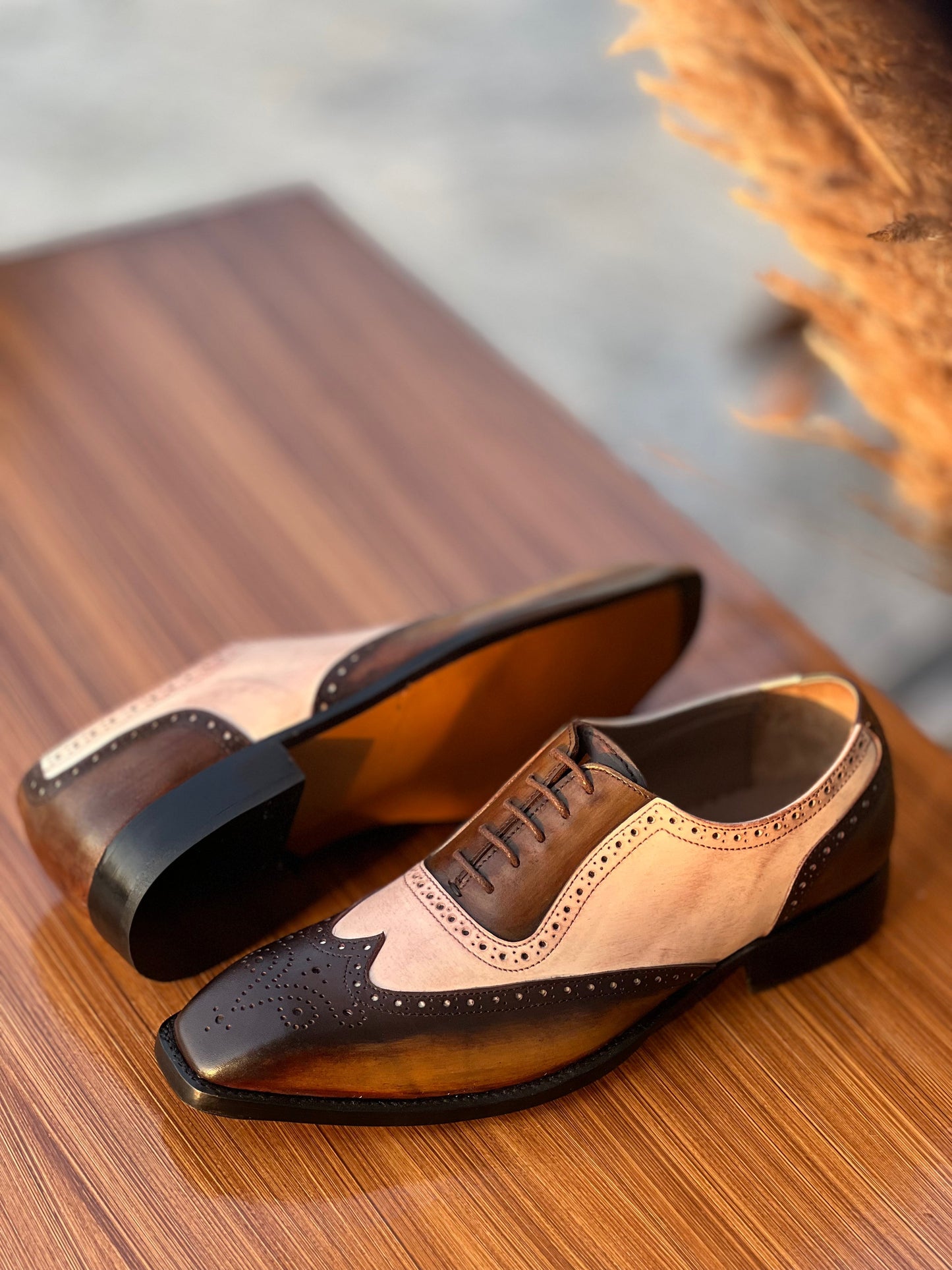 Mens Oxford Shoes – Wingtip Spectators Patina Leather