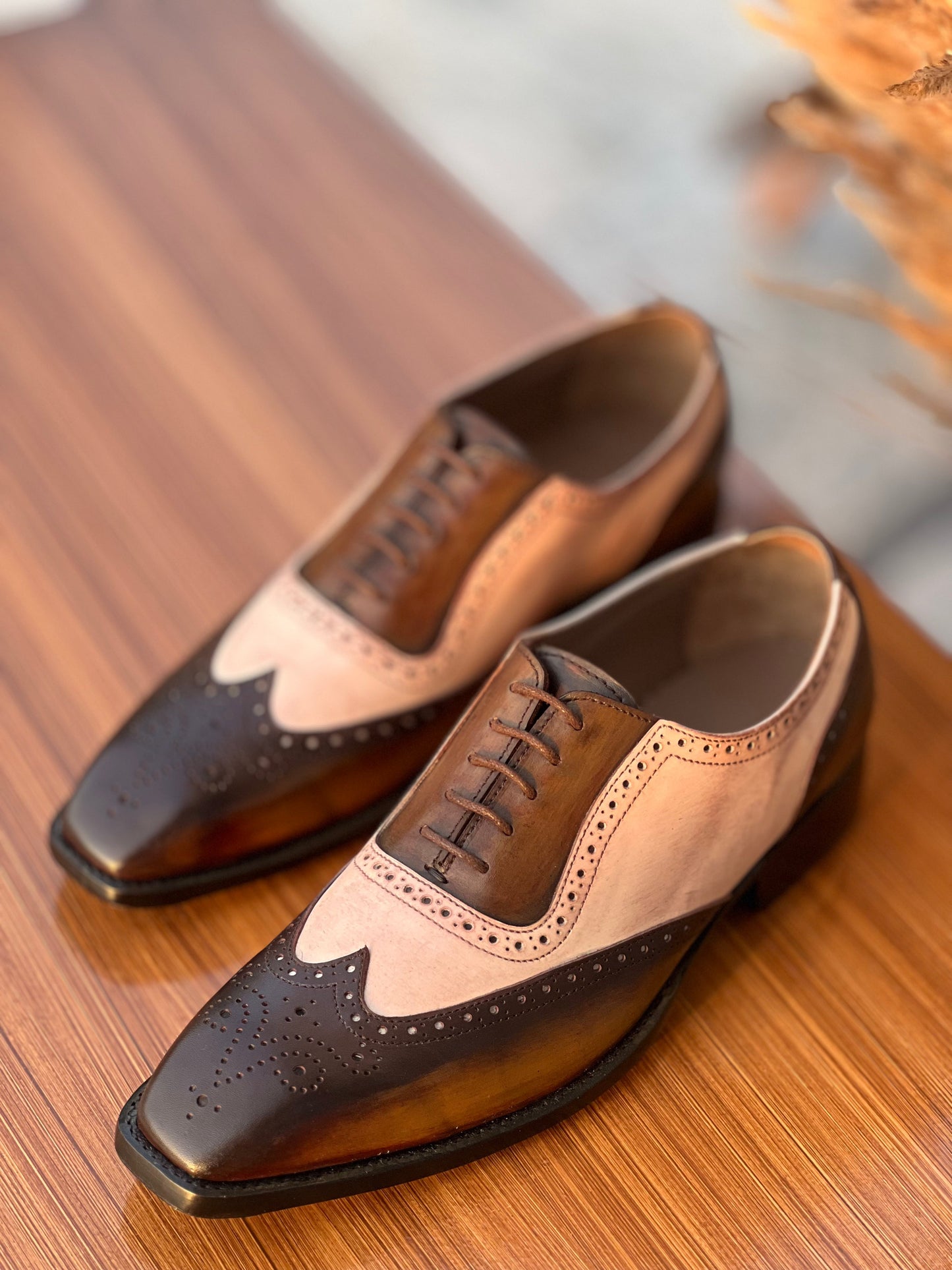 Top and Side View of Oxford Wingtip Spectators Patina Detailing