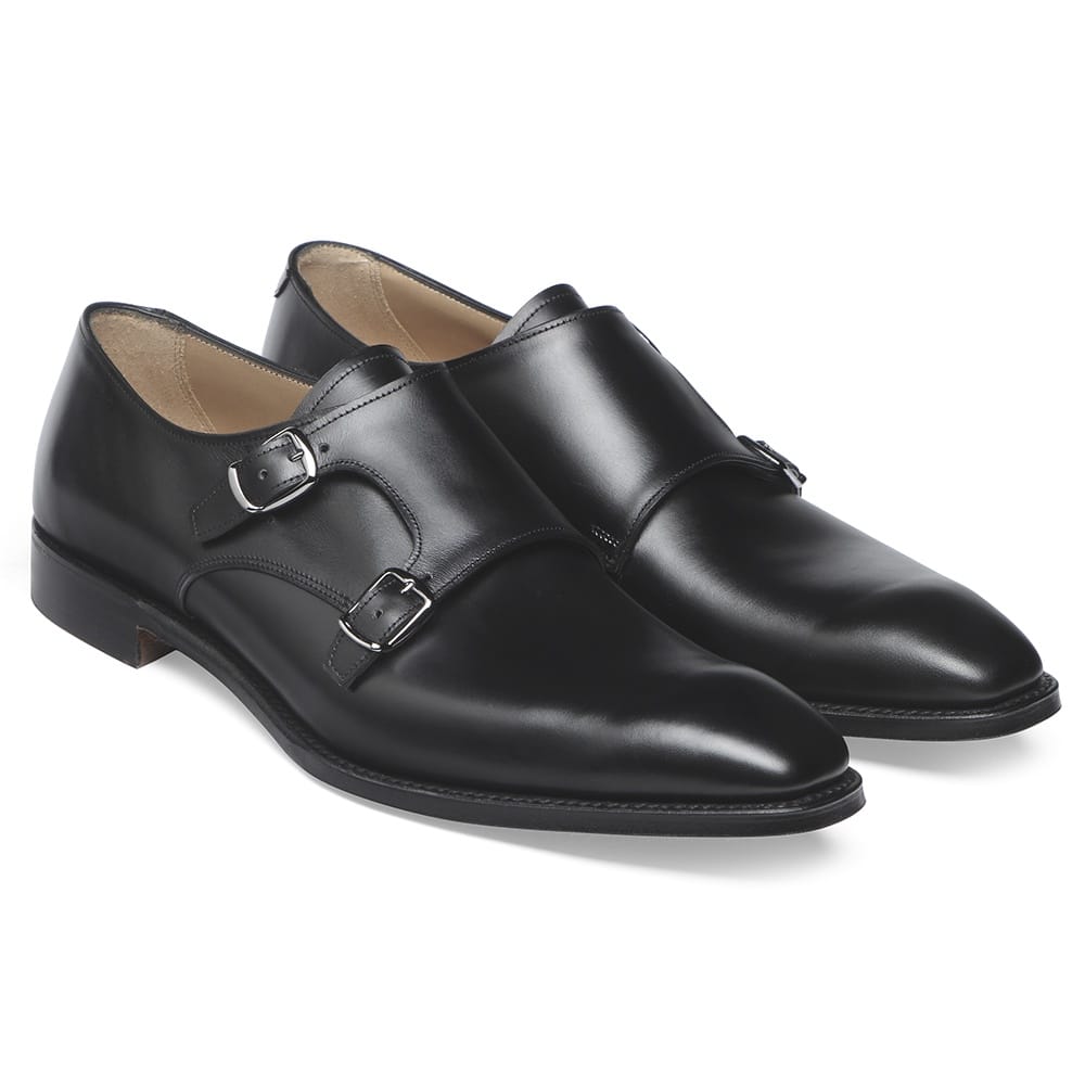 Double Buckle Monk Shoe in Black Calf Leather