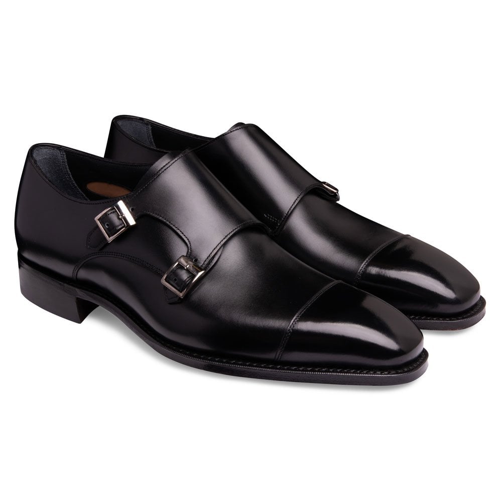 Double Buckle Monk Shoe in Black Calf Leather
