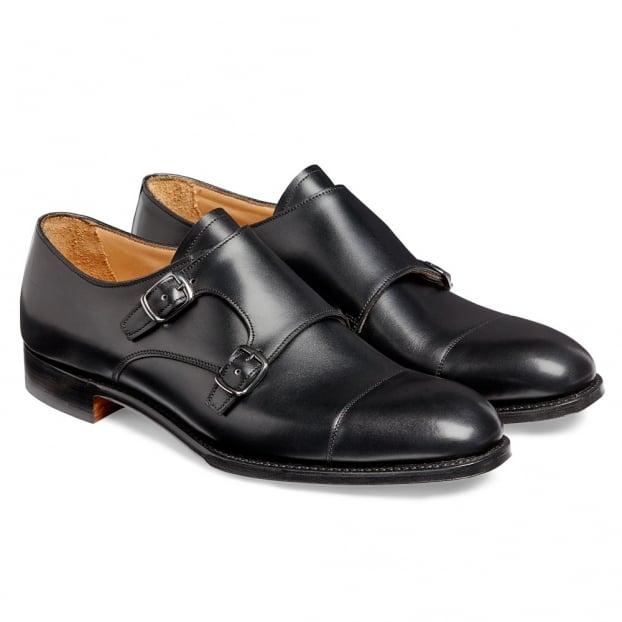 Double Buckle Monk Shoe in Black Calf Leather