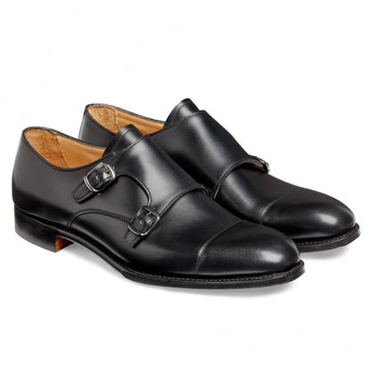 Double Buckle Monk Shoe in Black Calf Leather