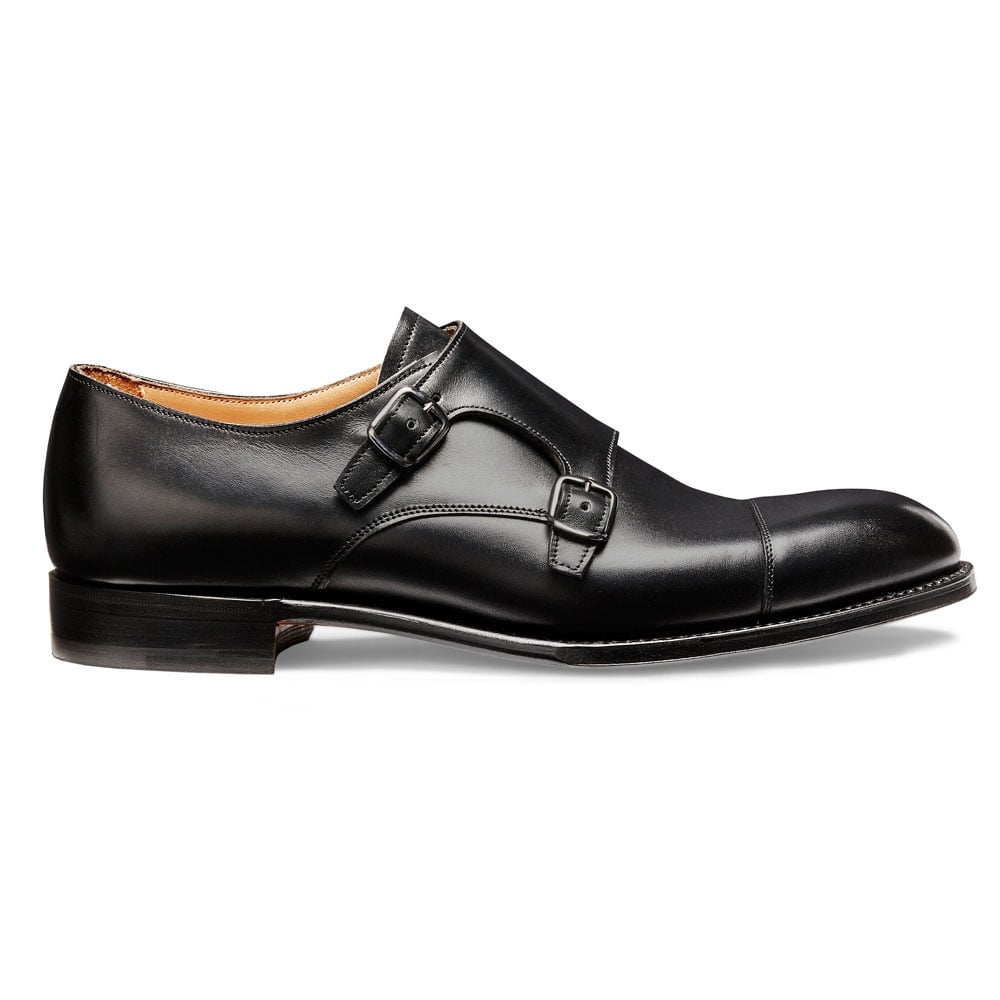 Double Buckle Monk Shoe in Black Calf Leather