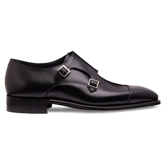 Double Buckle Monk Shoe in Black Calf Leather